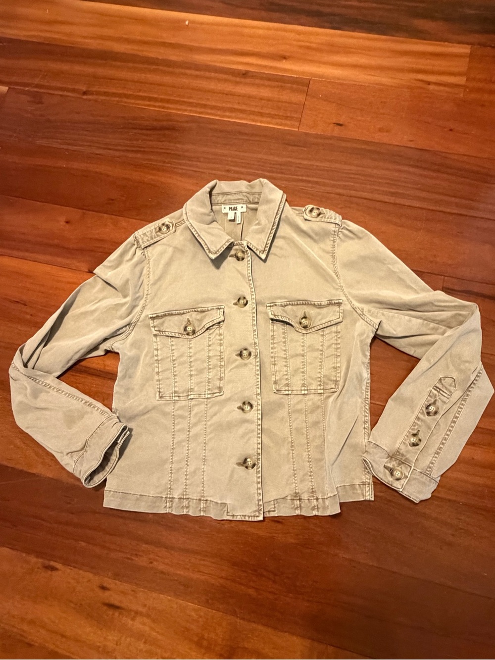 PAIGE Pacey Collared Jacket Vintage Moss Taupe  women’s L Large stretch - Picture 8 of 9